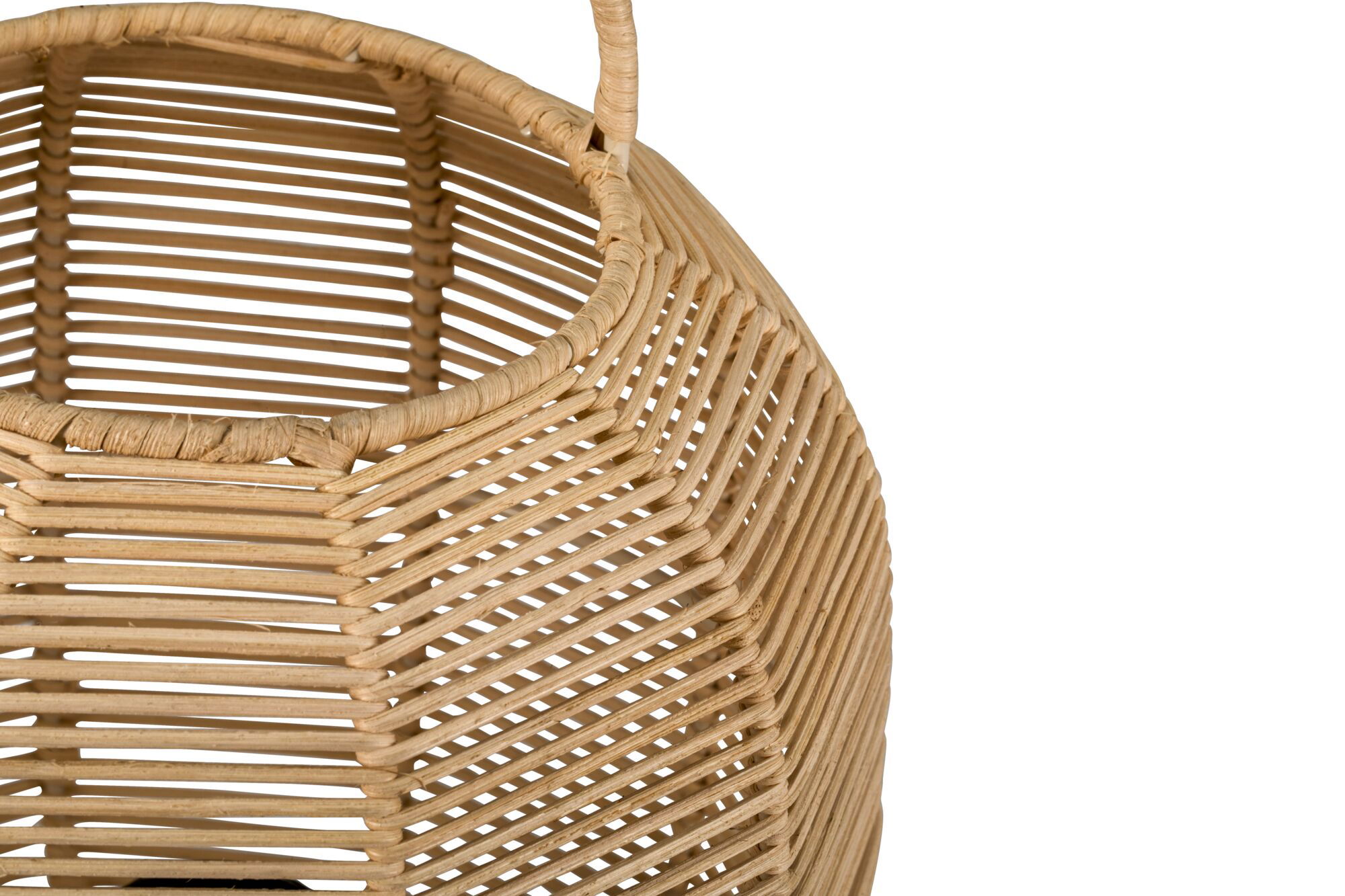Round natural rattan lampshade in beige with open weave pattern for ambient home lighting