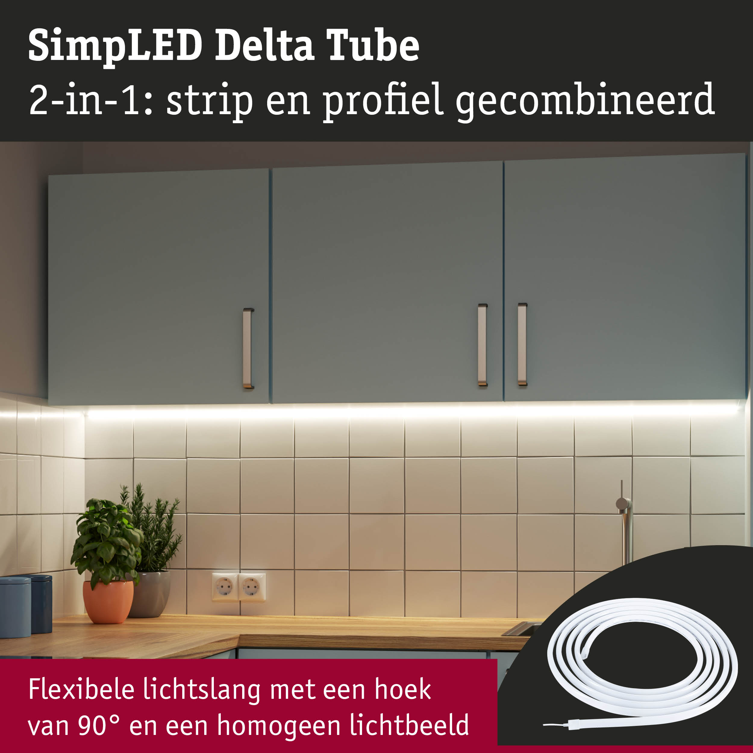 Flexibele LED-lichtslang met 90° hoek en homogeen lichtbeeld voor keukenverlichting