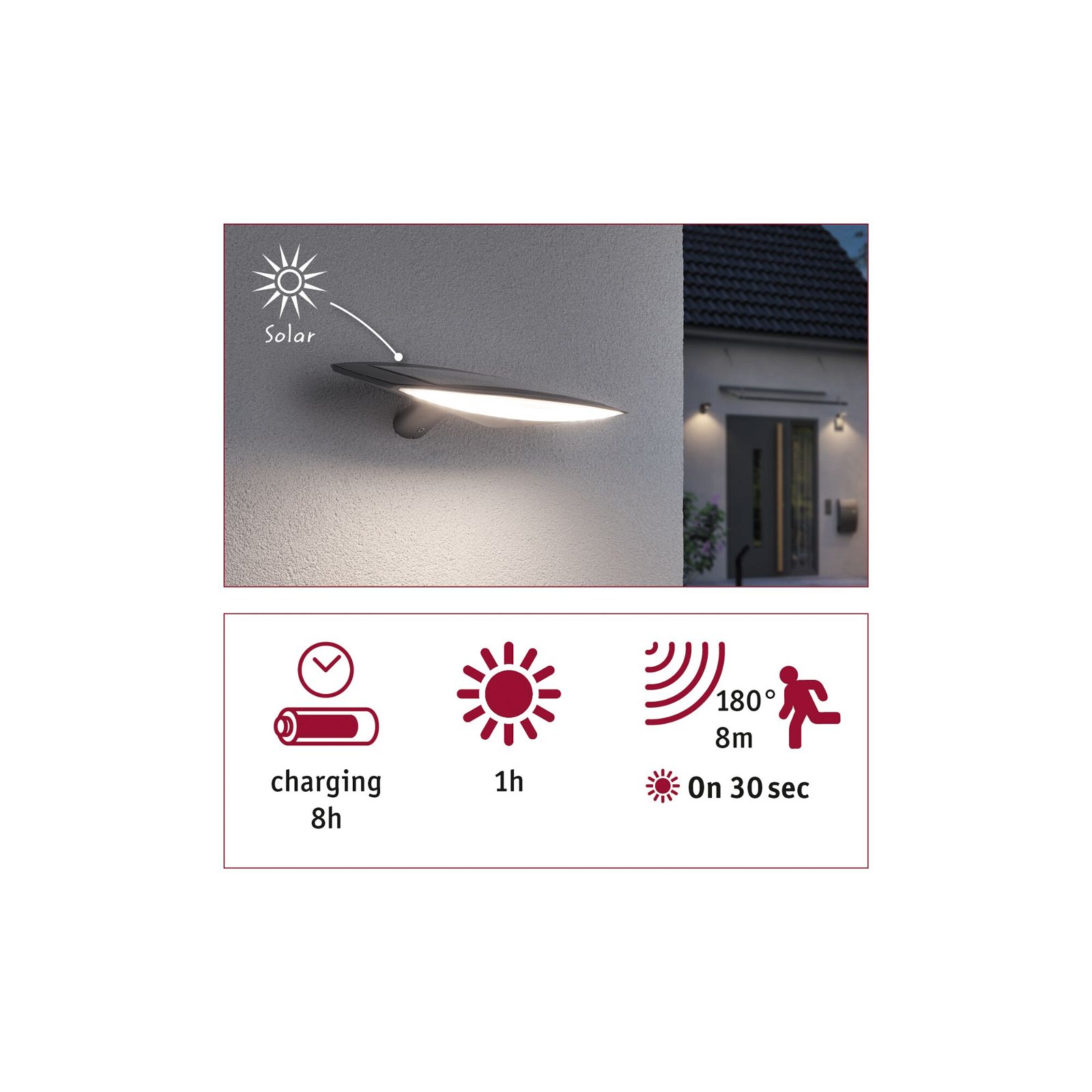 Solar LED-wandarmatuur voor buiten Kiran Bewegingsmelder IP44 3000K 280lm Grijs