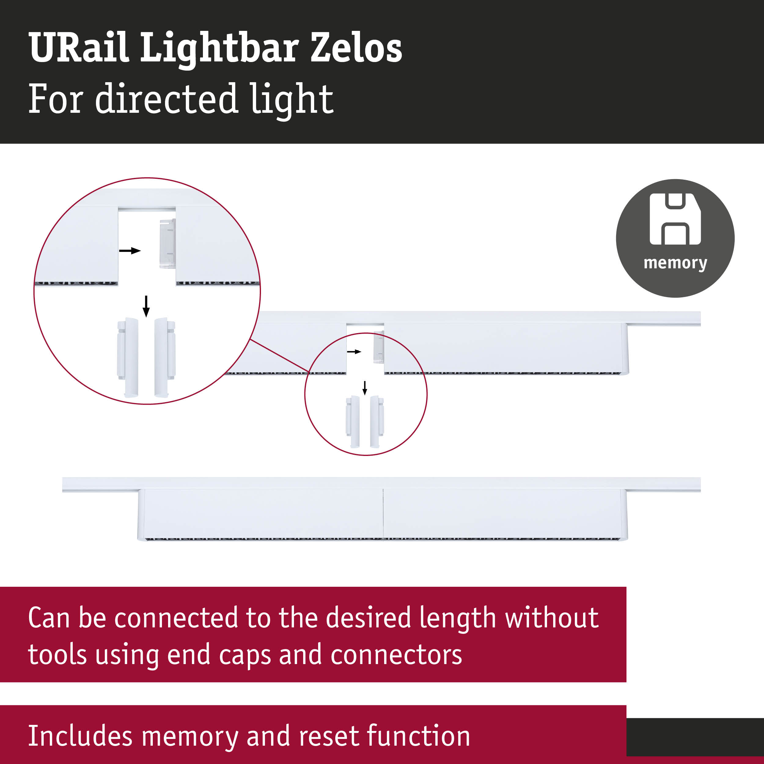 White URail Lightbar Zelos rail with connectors for directed light and memory reset function