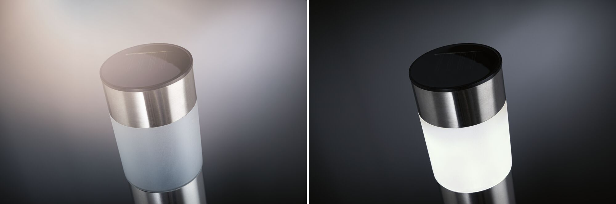 Udendørs lampe i rustfrit stål med solcellet sensor, venstre slukket, højre med hvidt lys, moderne havebelysning