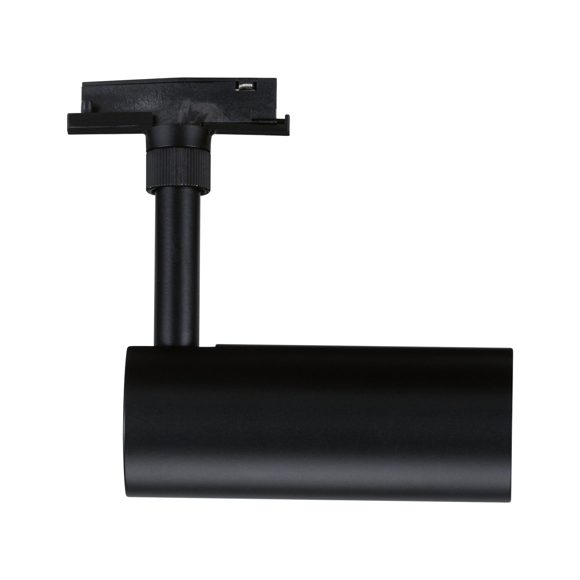 Black metal LED spotlight with cylindrical design for track lighting, modern lighting solution