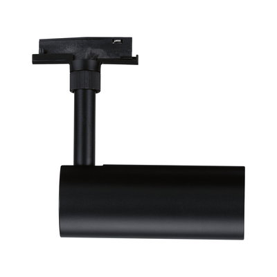 Black metal LED spotlight with cylindrical design for track lighting, modern lighting solution