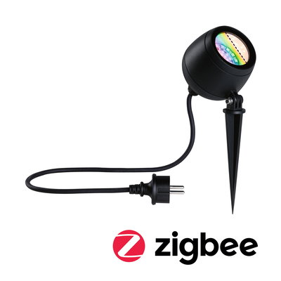 Sort LED-havelampe med jordspyd og kabel til Zigbee smart belysning