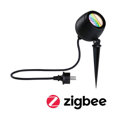 Schwarzer LED-Gartenstrahler mit Erdspieß und Kabel für Zigbee Smart Home Beleuchtung