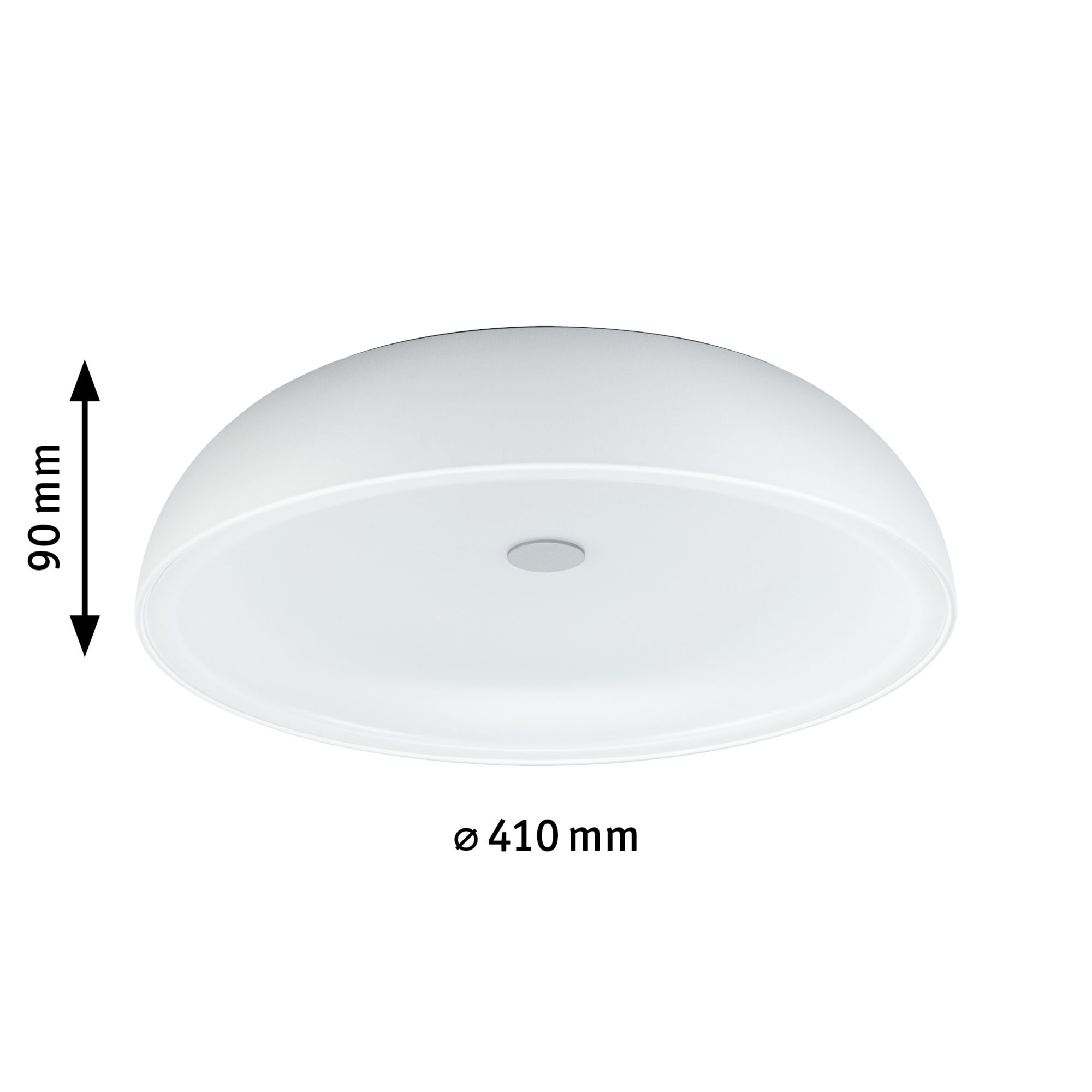 Rund hvid loftlampe i plastik med 410 mm diameter og 90 mm højde til opholdsrum.