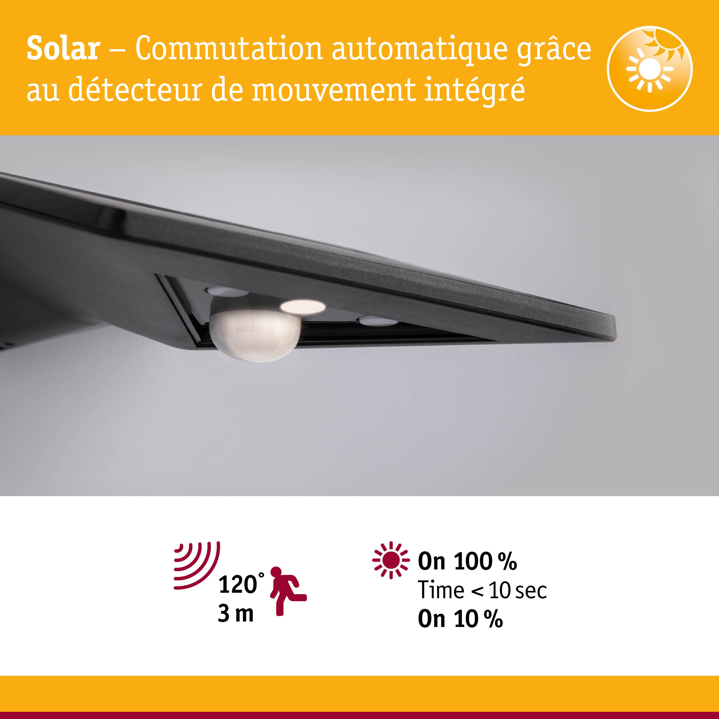 Détecteur de mouvement solaire noir avec capteur intégré et commutation automatique pour éclairage extérieur