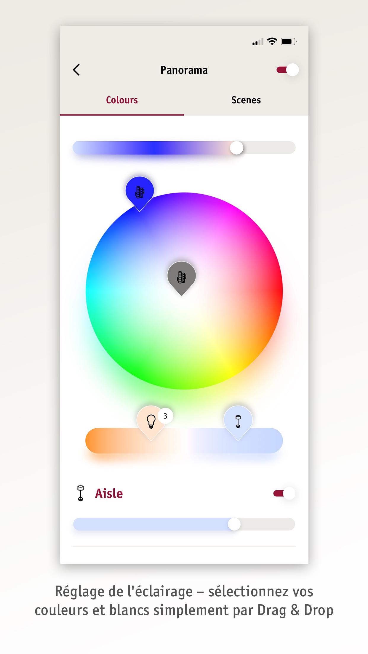 Interface d'application avec roue de couleurs et curseurs pour régler l'éclairage intelligent.