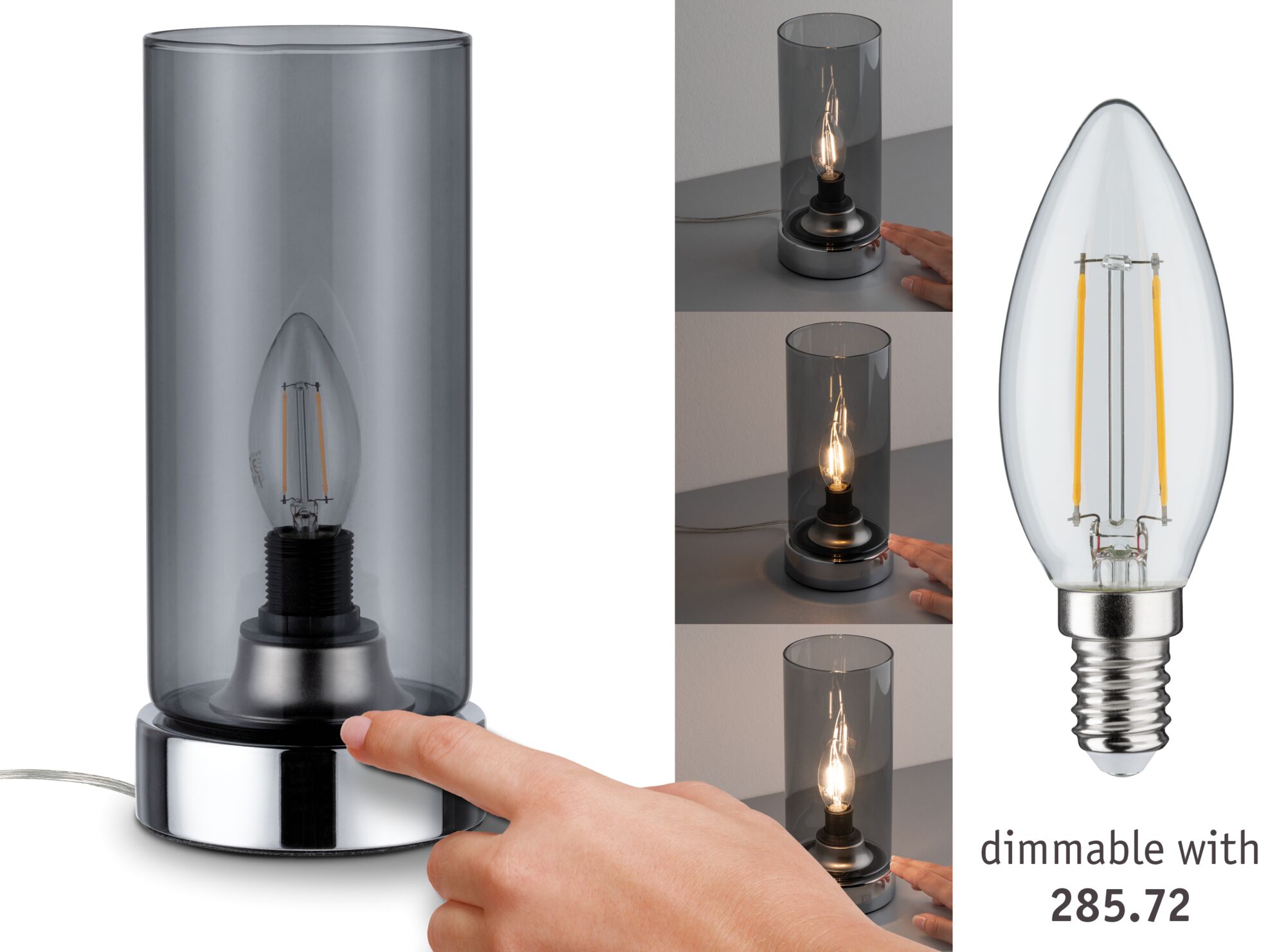 Table lamp Pinja E14 max. 20W Chrome/Smoke glass Dimmable table lamp with grey glass cylinder and chrome base, LED candle bulb included