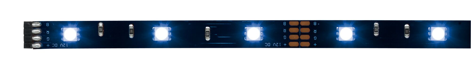 Schwarzes LED-Lichtband mit weißen Leuchtdioden für flexible Beleuchtungslösungen im Innenbereich.