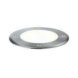 Round LED recessed light in brushed stainless steel with white illumination for outdoor use