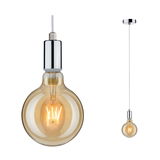 Pendant light bulb with amber glass and chrome socket for stylish modern lighting design.