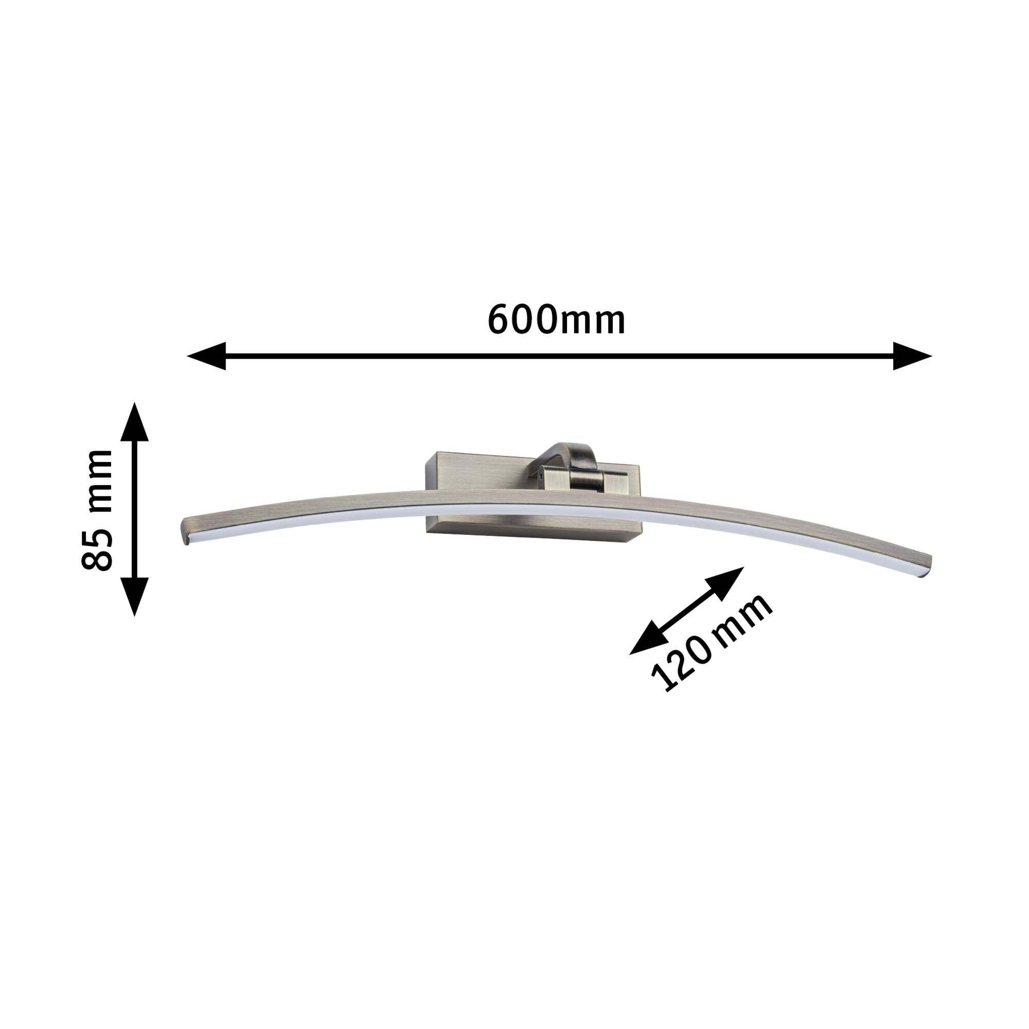 Curved LED wall light in brushed silver metal measuring 600x85x120 mm for modern interior lighting