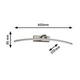 Curved LED wall light in brushed silver metal measuring 600x85x120 mm for modern interior lighting
