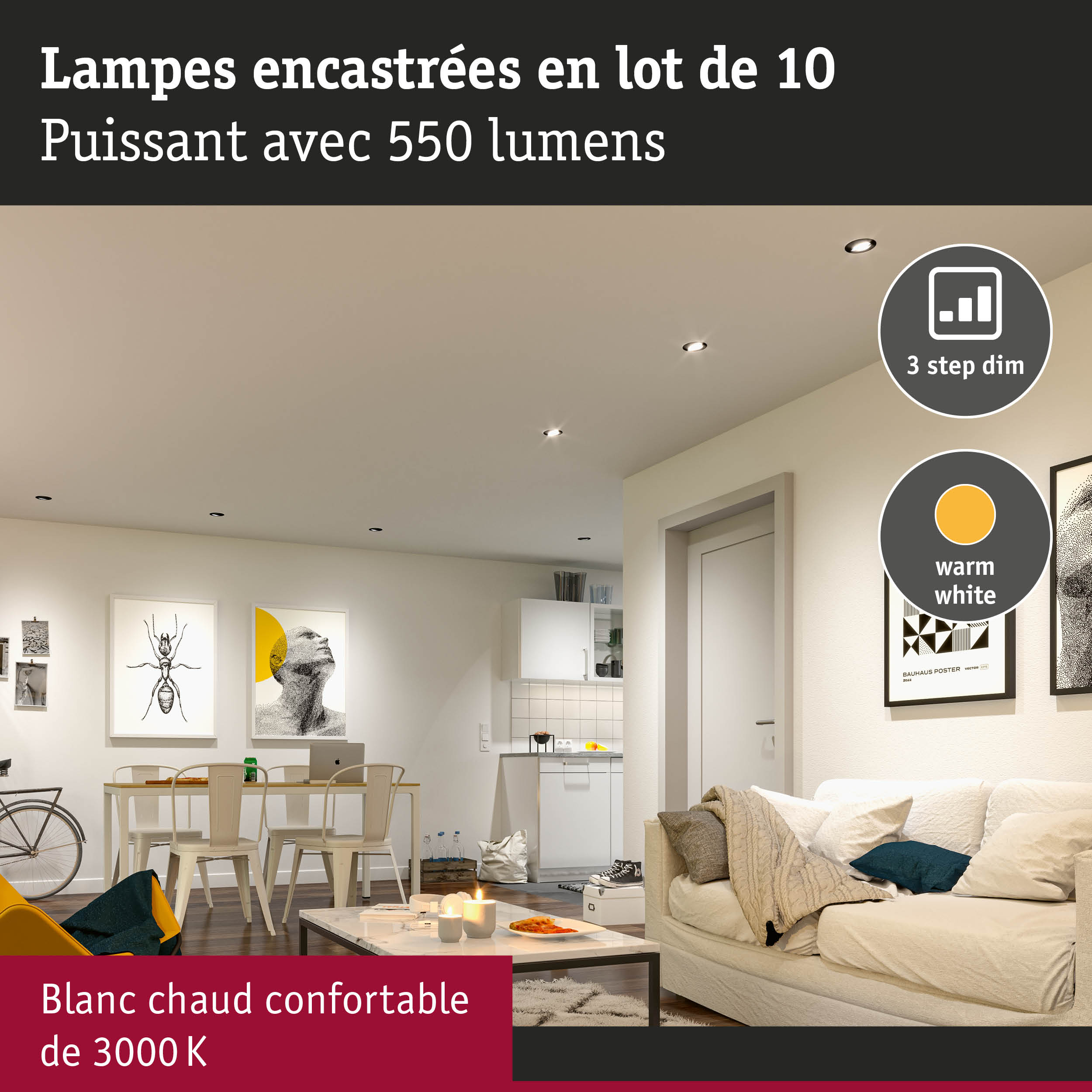 Lot de 10 lampes encastrées 350 lumens avec lumière blanc chaud 3000K pour salon confortable