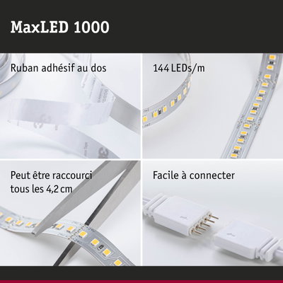 Bande LED MaxLED 1000 avec 144 LEDs/m, ruban adhésif, découpable et facile à connecter