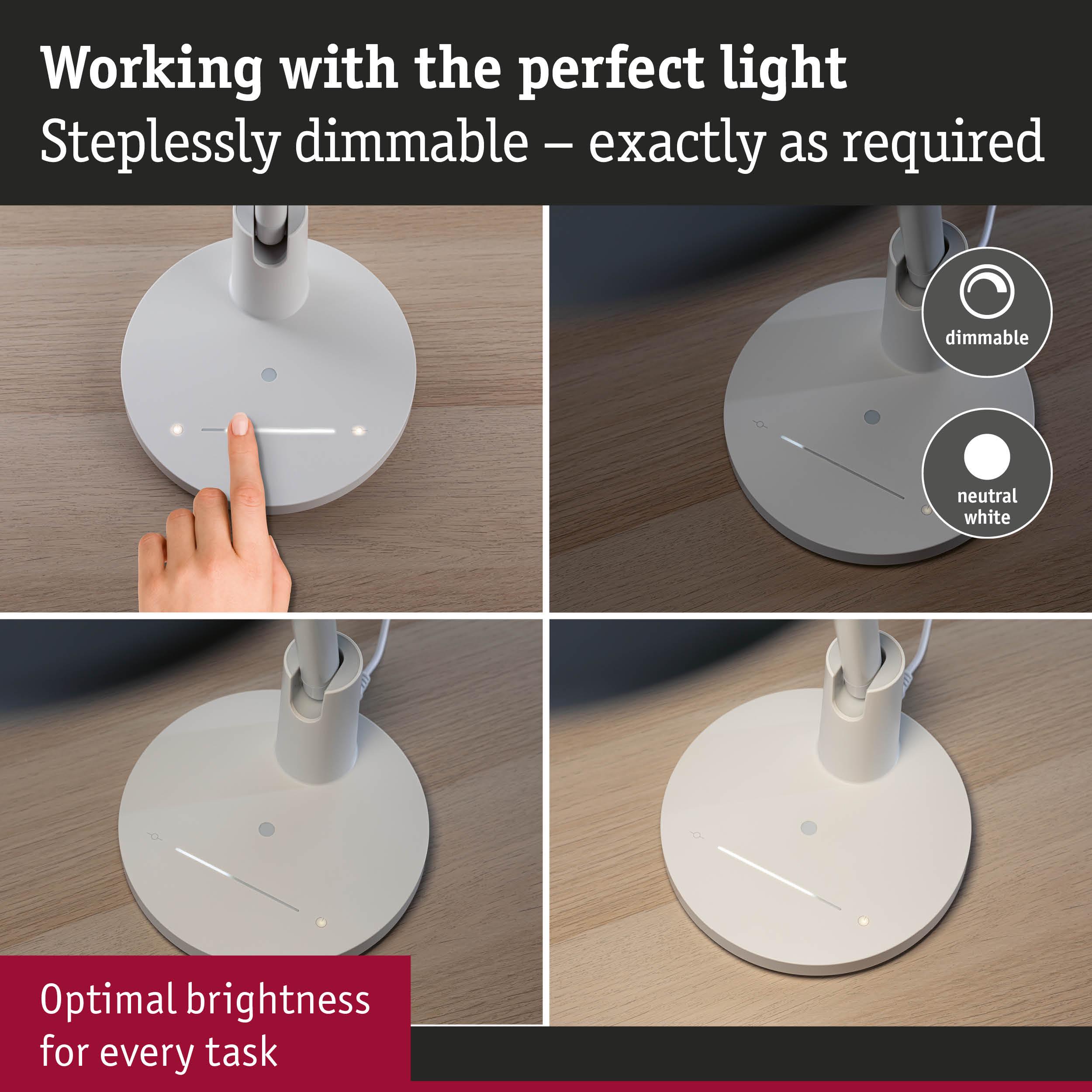 White dimmable LED desk lamp with touch control for optimal brightness for every task