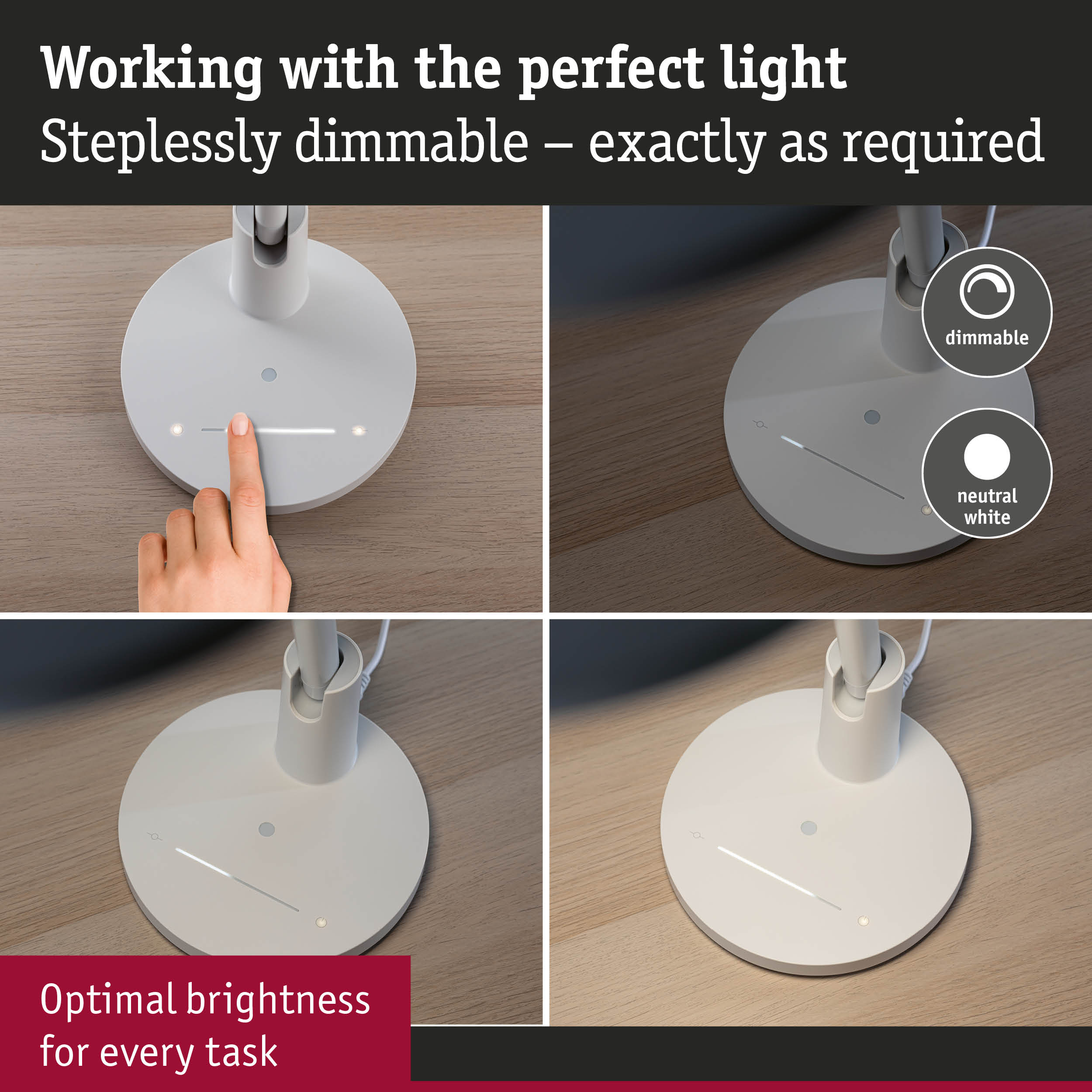 White dimmable LED desk lamp with touch control for optimal brightness in every task