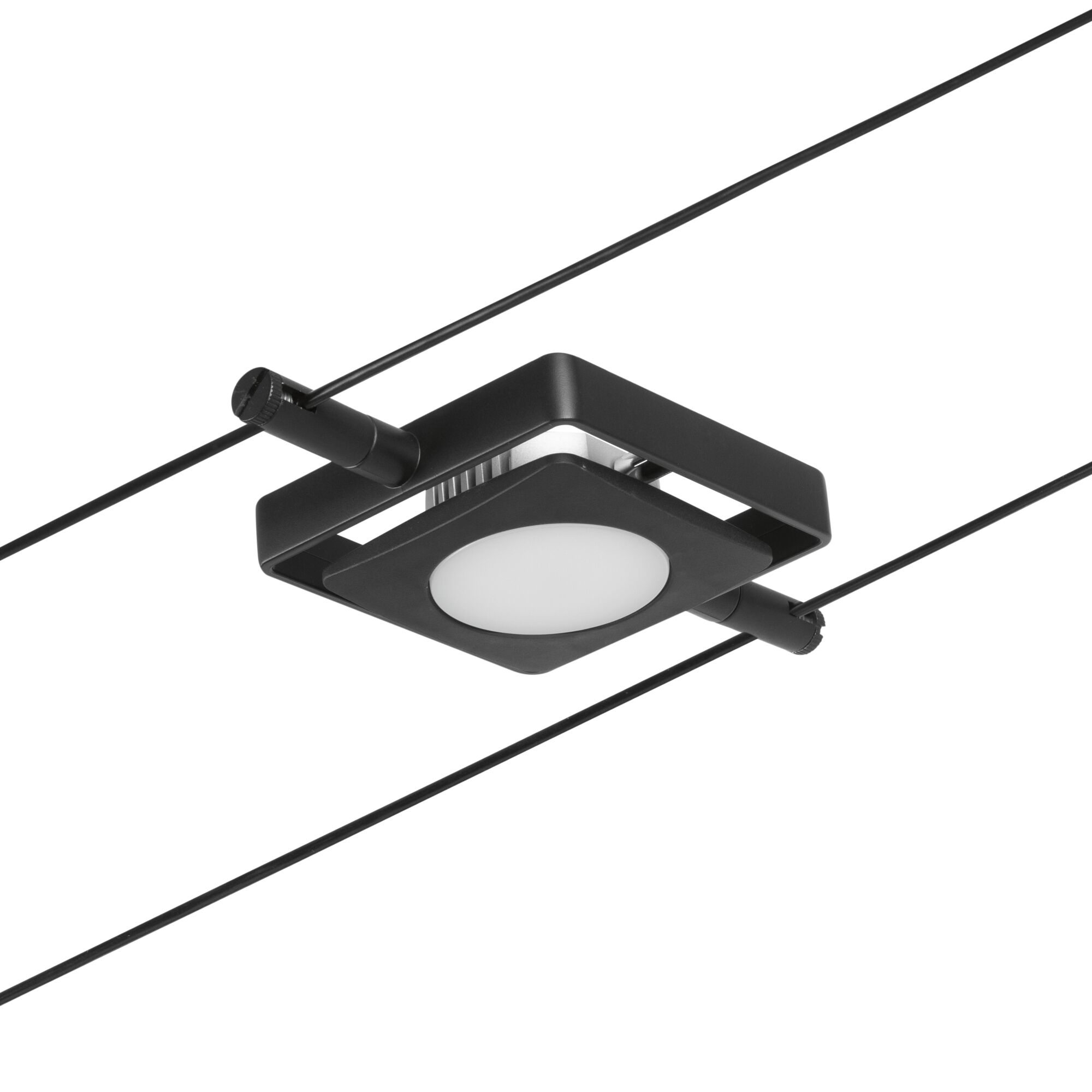 Schwarze LED-Seilstrahlerleuchte mit quadratischem Design und weißem Diffusor für moderne Beleuchtung