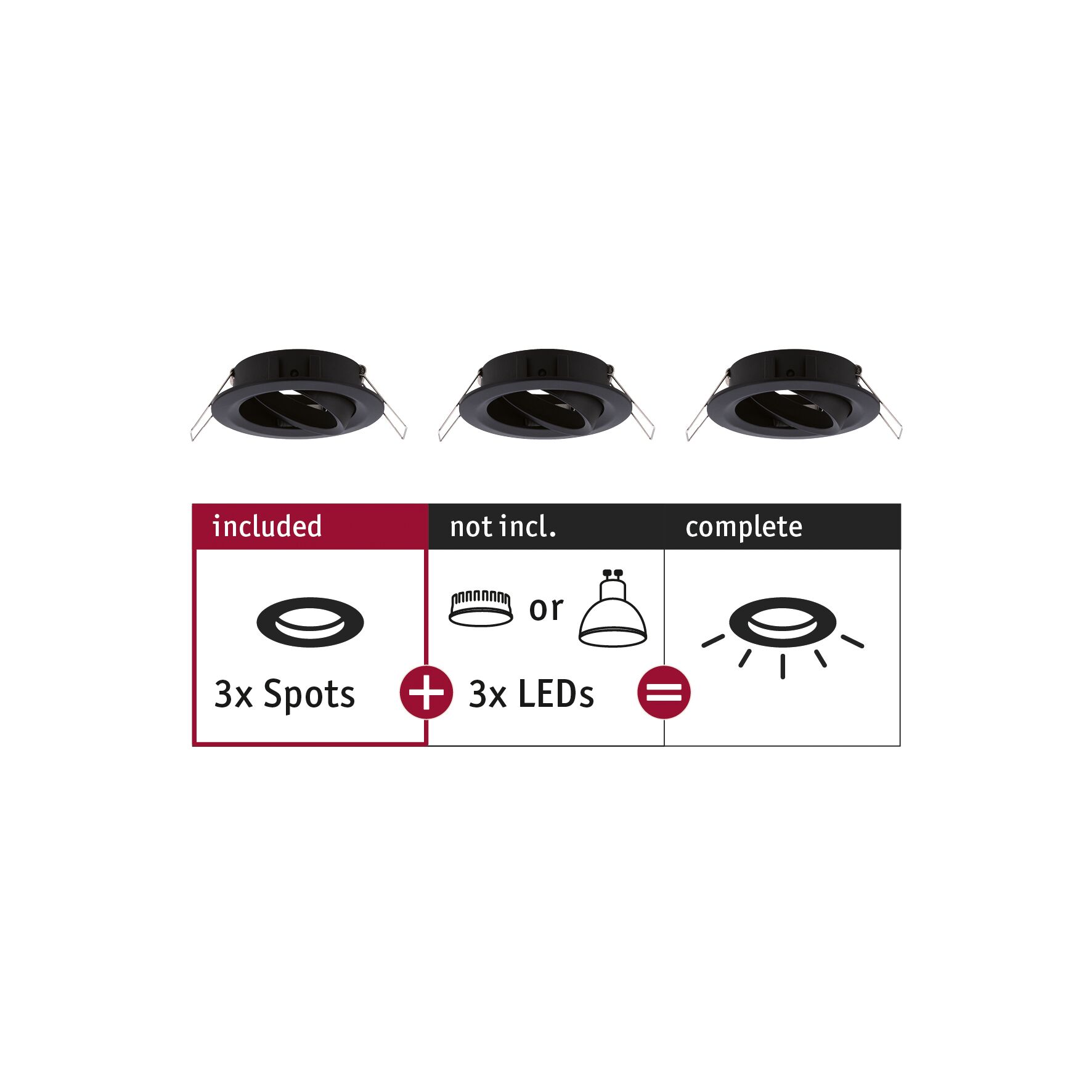 Drei schwarze Einbaustrahler ohne LEDs, Set mit 3 Spots für LED-Beleuchtungssysteme