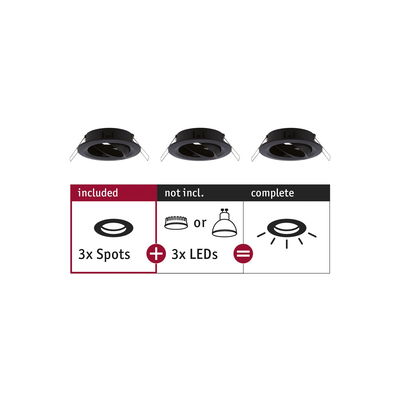 Drei schwarze Einbaustrahler ohne LEDs, Set mit 3 Spots für LED-Beleuchtungssysteme