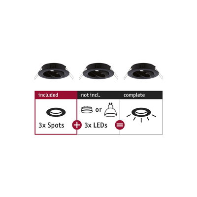 Set of three black recessed spotlights without LEDs for customizable LED lighting