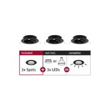 Drei schwarze Einbaustrahler ohne LEDs, Set mit 3 Spots für LED-Beleuchtungssysteme