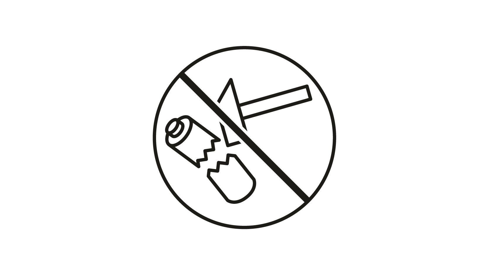 Sikkerhedssymbol advarer mod at skille batteri ad med hammer og brudt batteri i sort-hvid.
