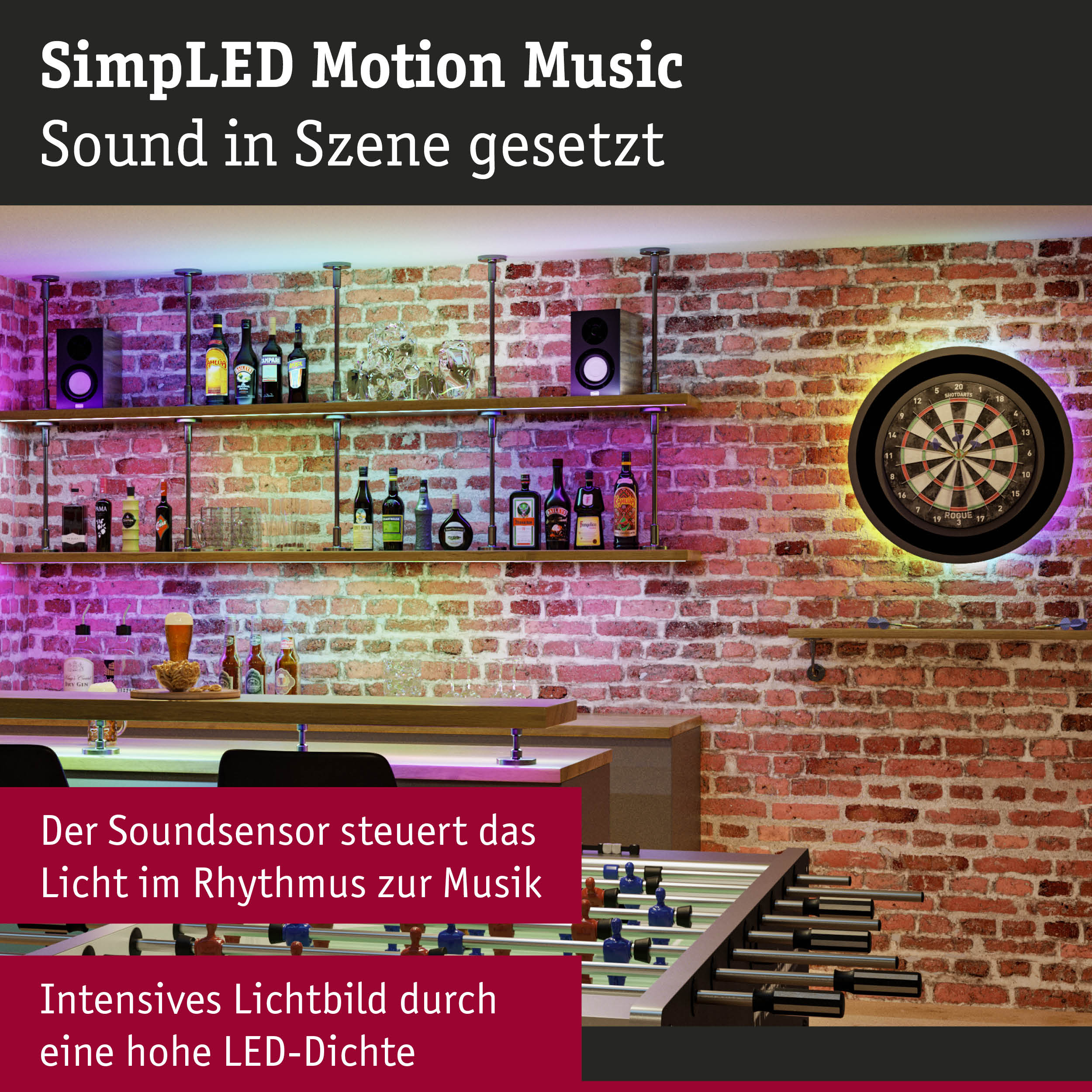 Bar mit Backsteinwand, LED-Beleuchtung und Dart-Scheibe, Soundgesteuerte Musiklichttechnik