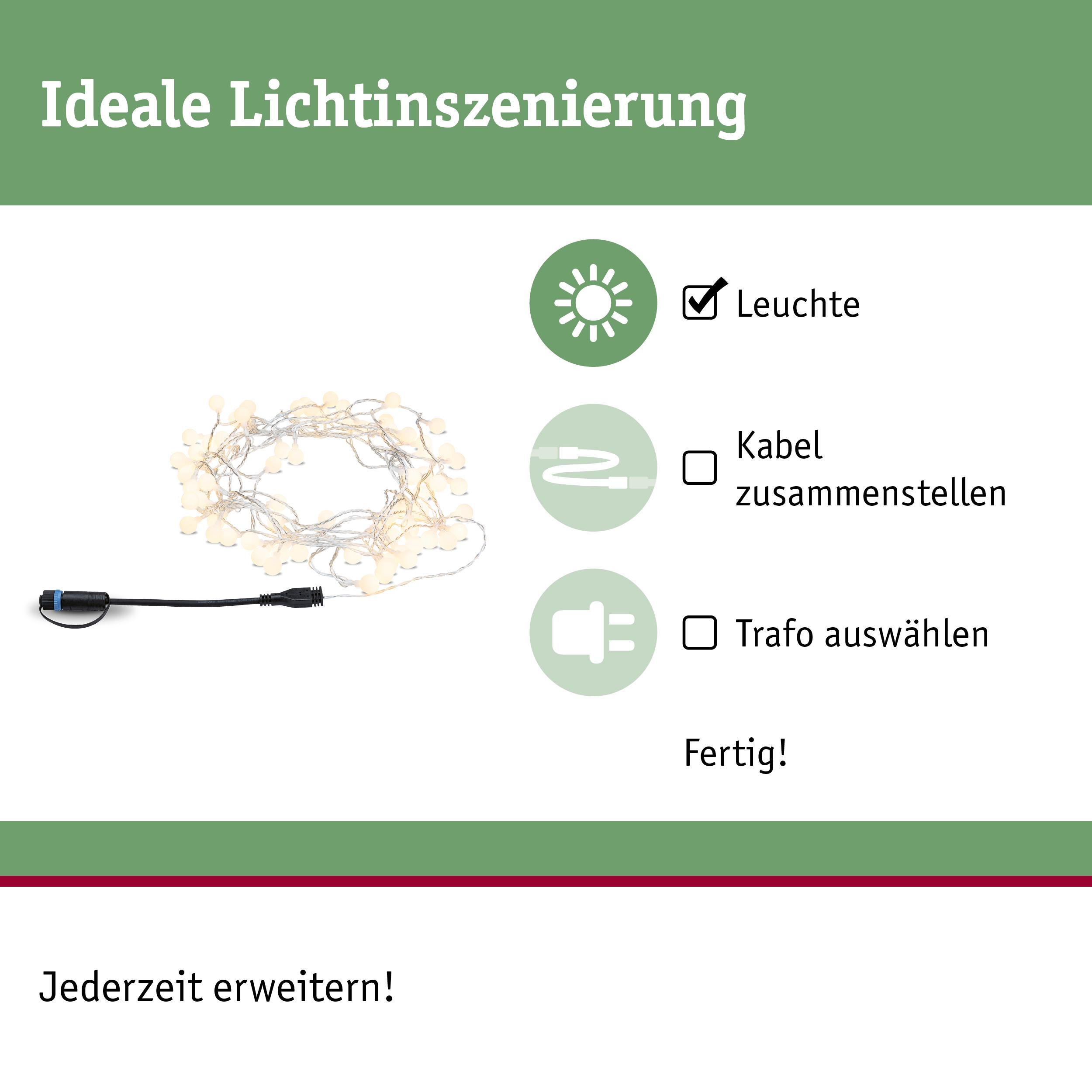 Weiße LED-Lichterkette mit Anschlusskabel für flexible Lichtinszenierung und einfache Erweiterung