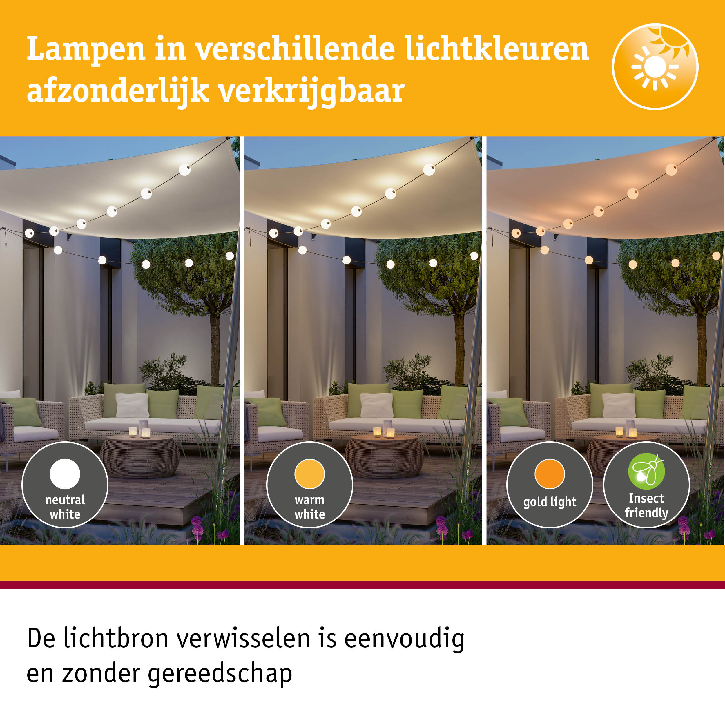Buitenverlichting met lampen in neutraal wit, warm wit en goudkleurig licht voor tuin en terras