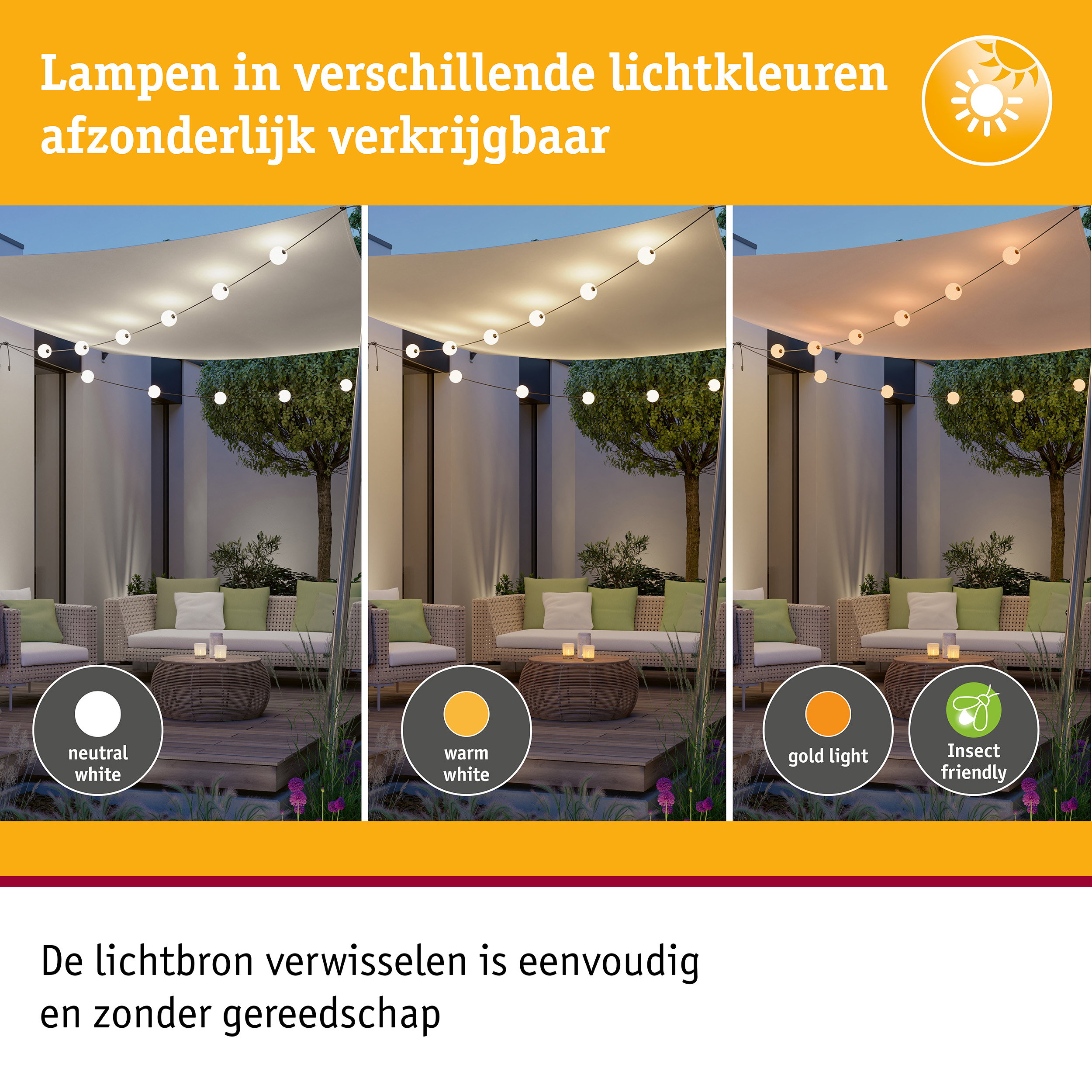 Buitenverlichting met lampen in neutraal wit, warm wit en goudkleurig licht voor tuin en terras