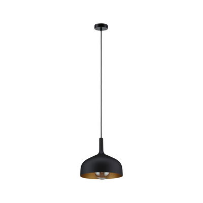 Zwarte metalen hanglamp met gouden binnenkant en zichtbare lamp voor moderne sfeerverlichting