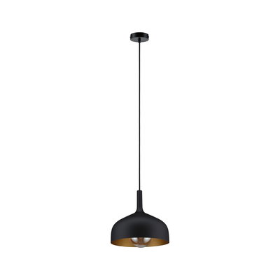 Black metal pendant light with gold interior and visible bulb for stylish modern lighting solutions
