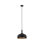 Black metal pendant light with gold interior and visible bulb for stylish modern lighting solutions
