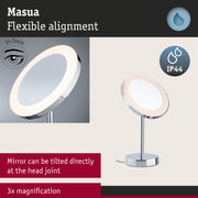 Masua cosmetic mirror with flexible head, chrome finish, LED ring light, 3x magnification, IP44 rated