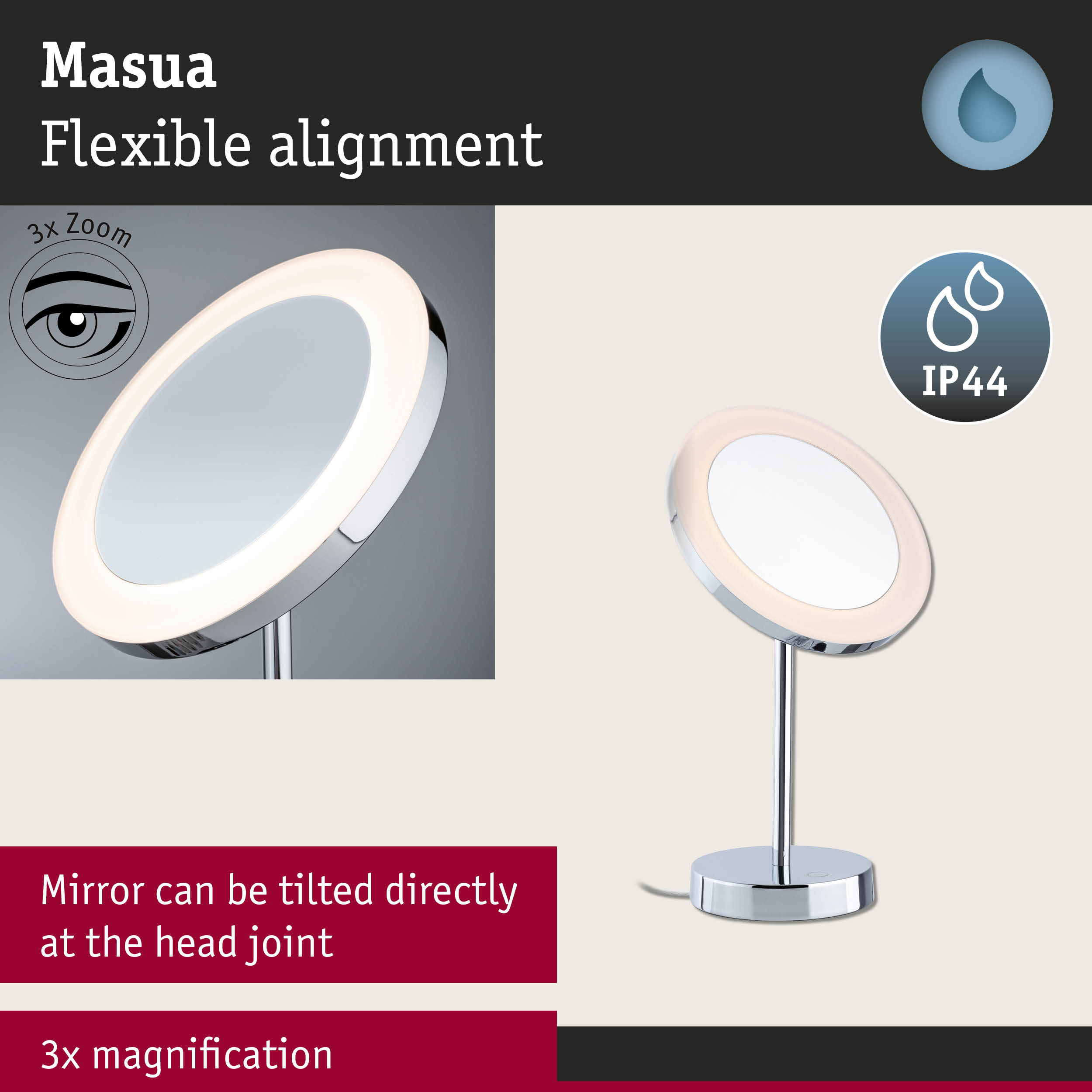 Masua cosmetic mirror with flexible head, chrome finish, LED ring light, 3x magnification, IP44 rated
