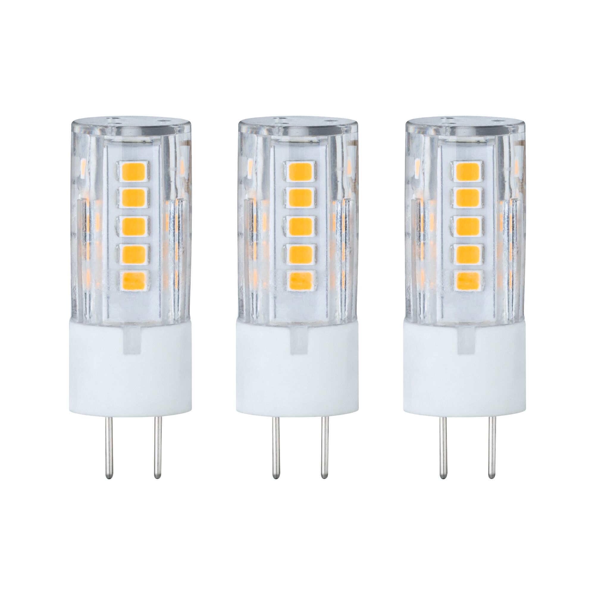 Three transparent LED bulbs with white bases and yellow diodes for energy-efficient lighting solutions