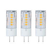 Three transparent LED bulbs with white bases and yellow diodes for energy-efficient lighting solutions