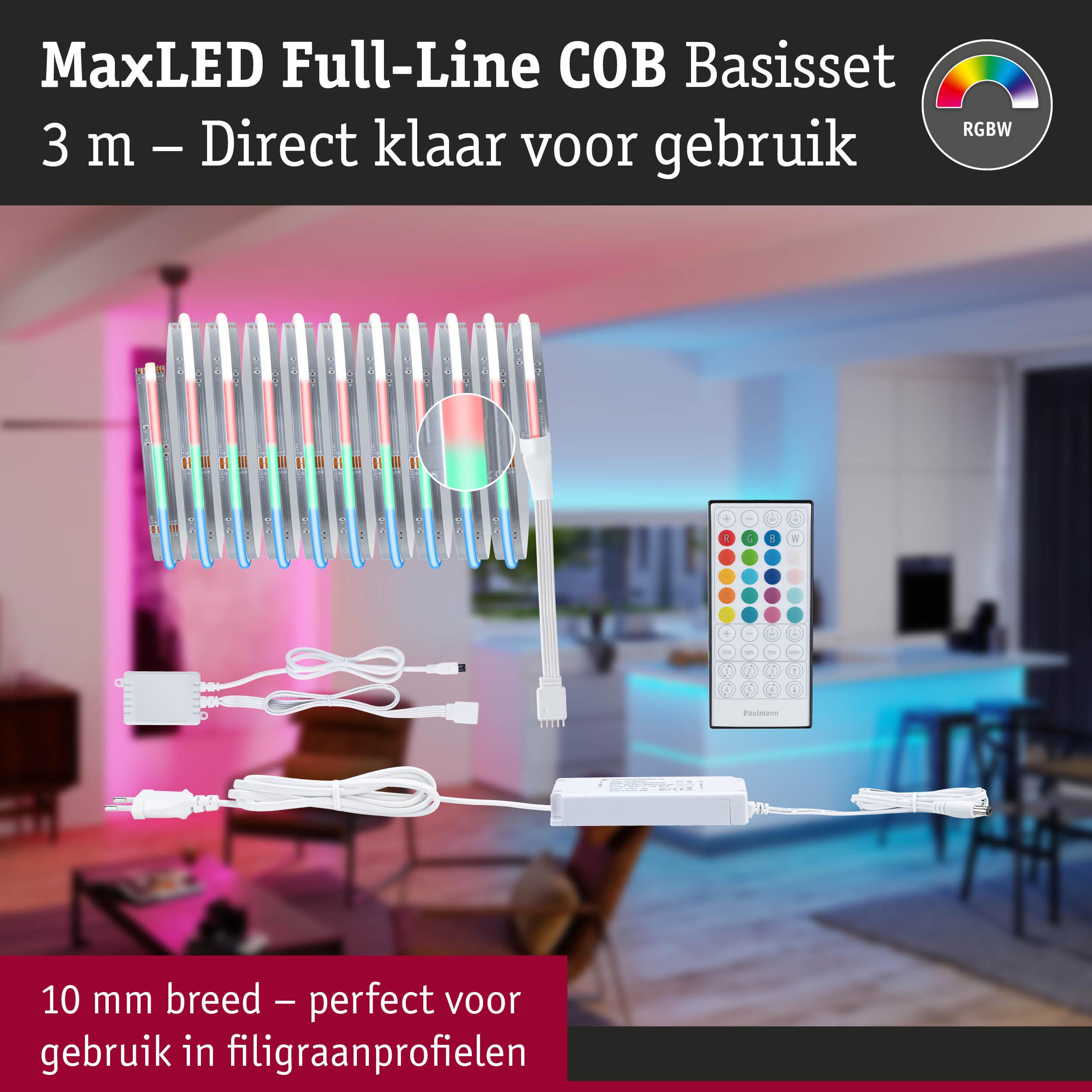 MaxLED Full-Line COB 3 m LED-strip met afstandsbediening voor RGBW-kleuren, 10 mm breed
