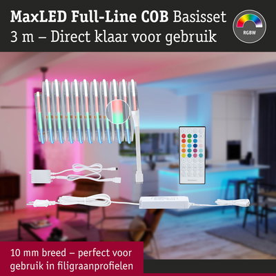 MaxLED Full-Line COB 3 m LED-strip met afstandsbediening voor RGBW-kleuren, 10 mm breed