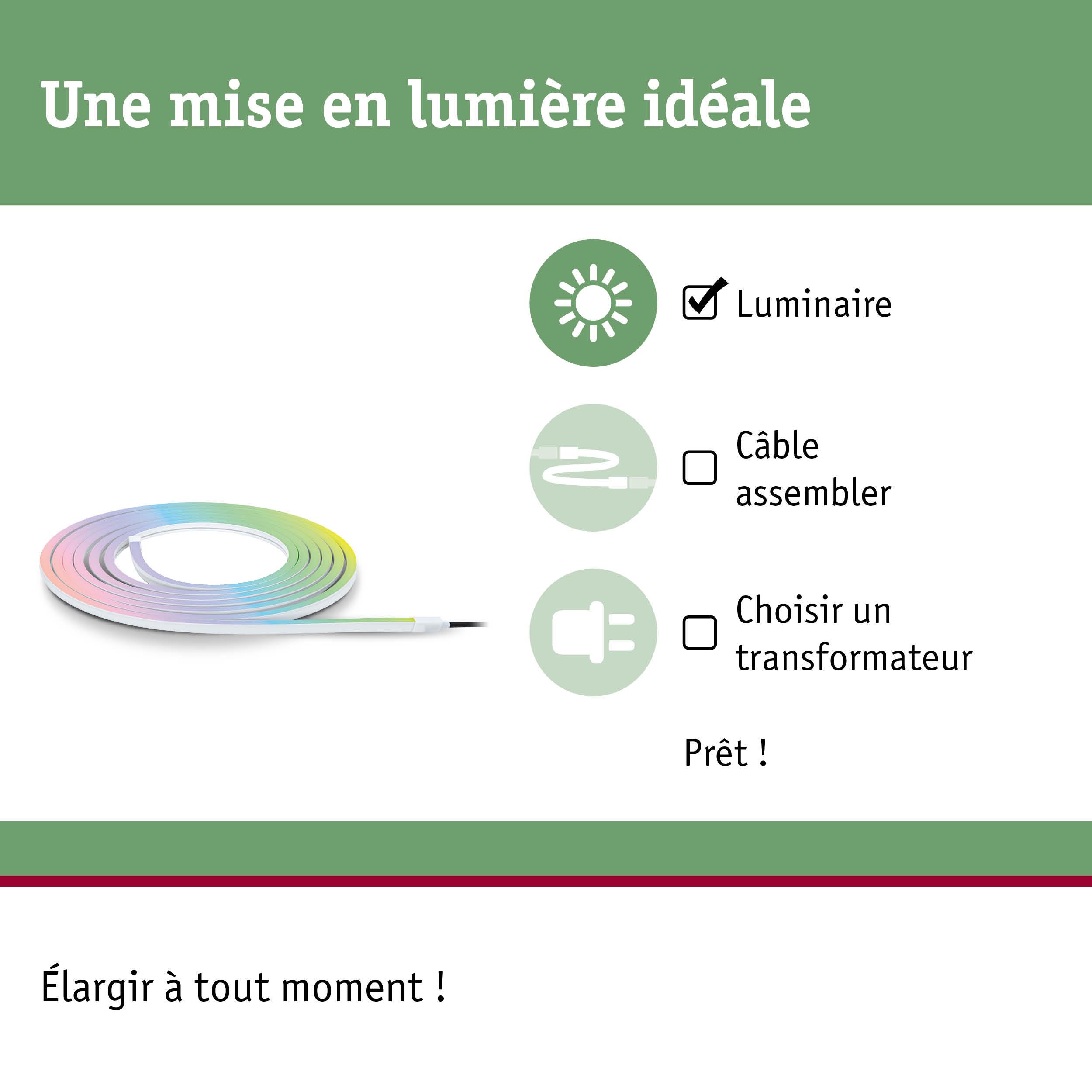 Bande lumineuse LED multicolore enroulée avec liste pour luminaire, câble et transformateur