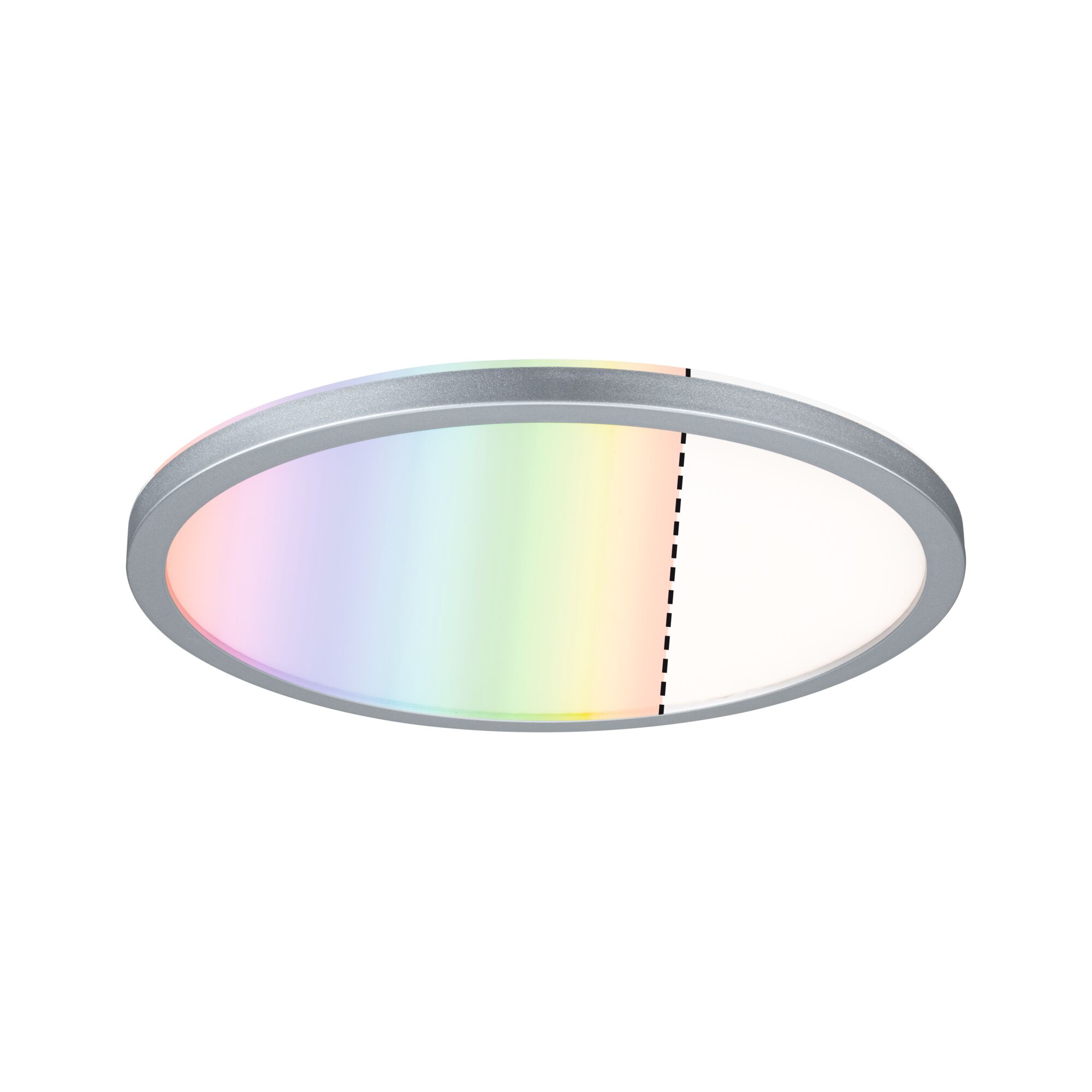 Round LED ceiling light with silver aluminum frame and adjustable color temperature for living spaces