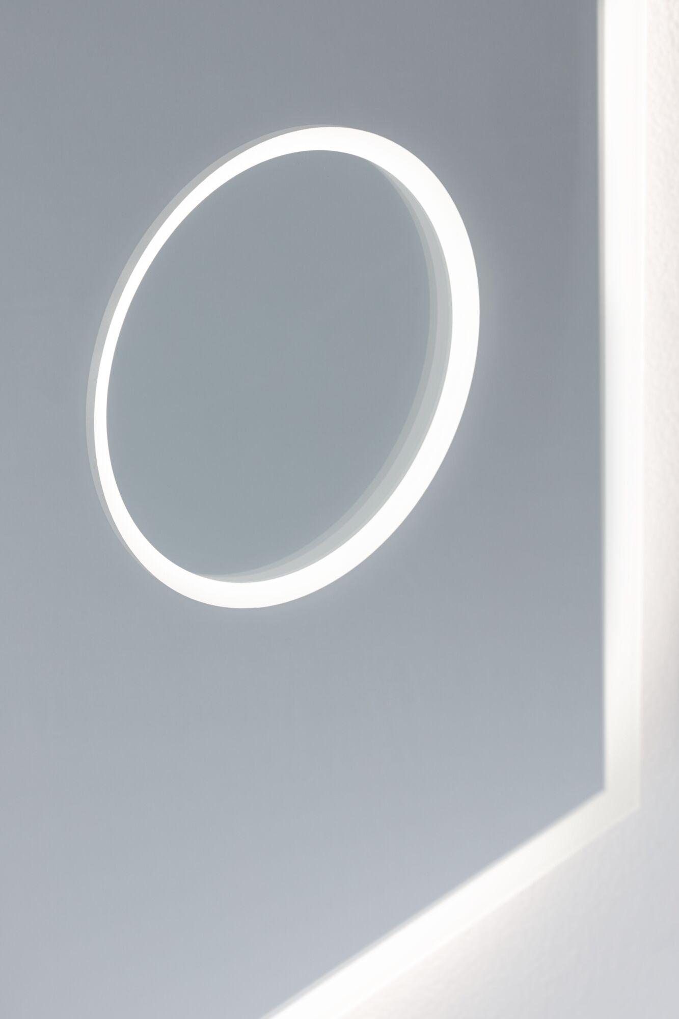 Modern LED wall mirror with round light ring and white frame for stylish room lighting