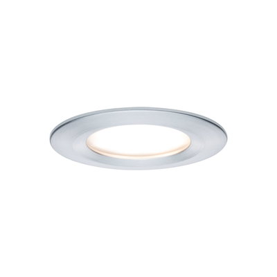 Round LED recessed light in brushed silver aluminum with warm white light for home lighting
