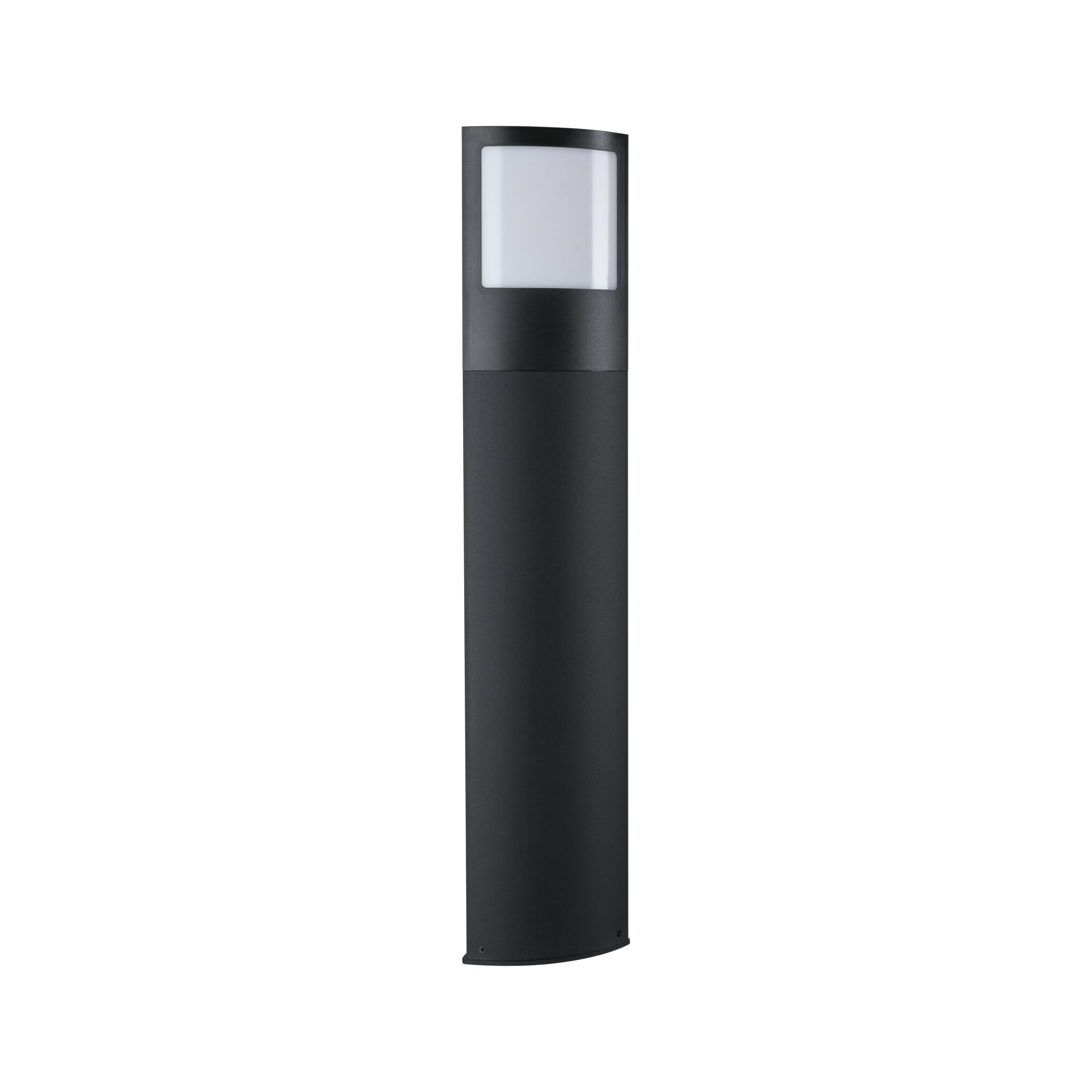 Modern black outdoor bollard light in metal with white diffuser for garden lighting