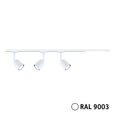 Three white LED spotlights on rail system in RAL 9003 for flexible room lighting
