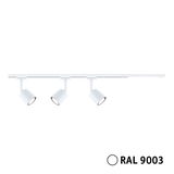 Three white LED spotlights on rail system in RAL 9003 for flexible room lighting