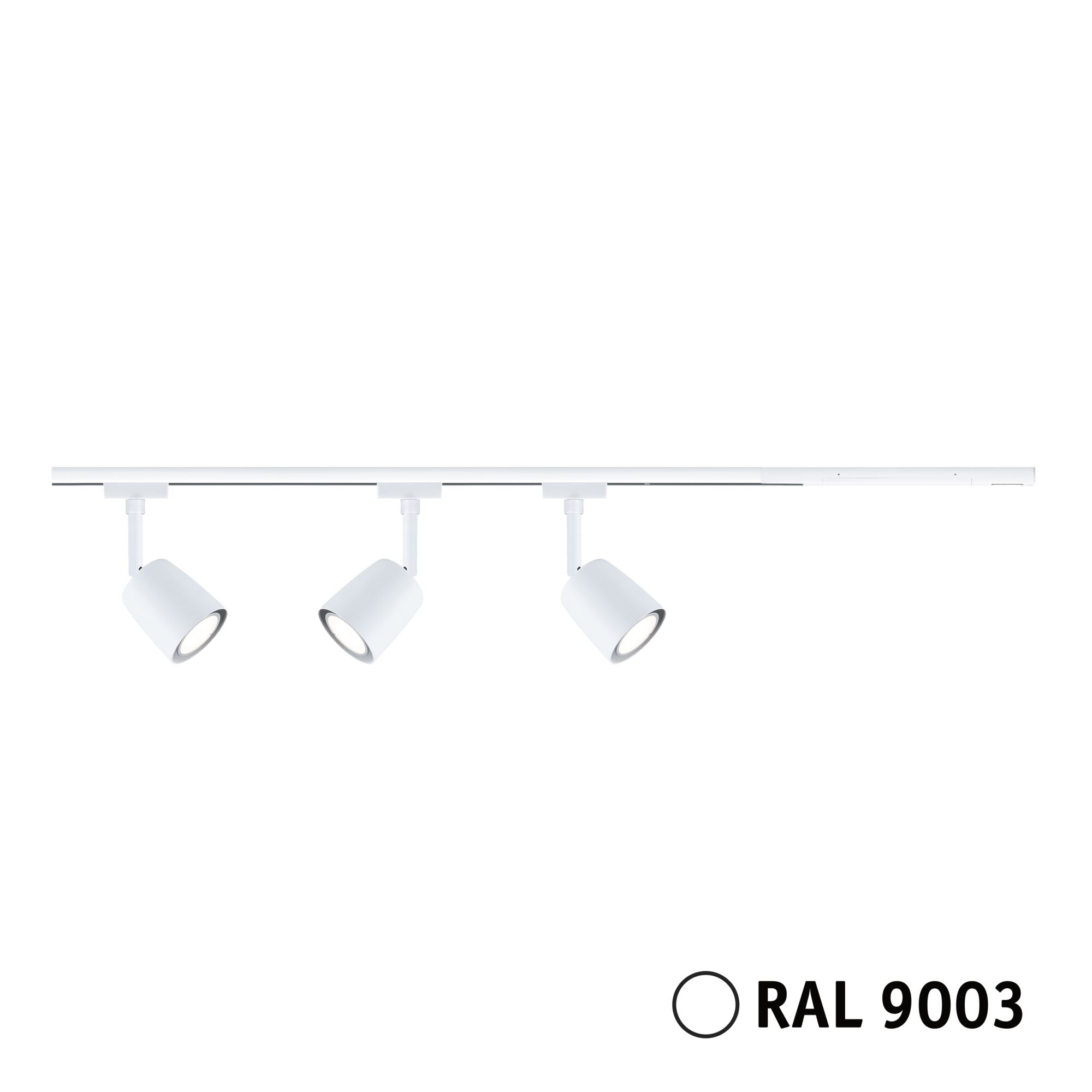 Three white LED spotlights on rail system in RAL 9003 for flexible room lighting