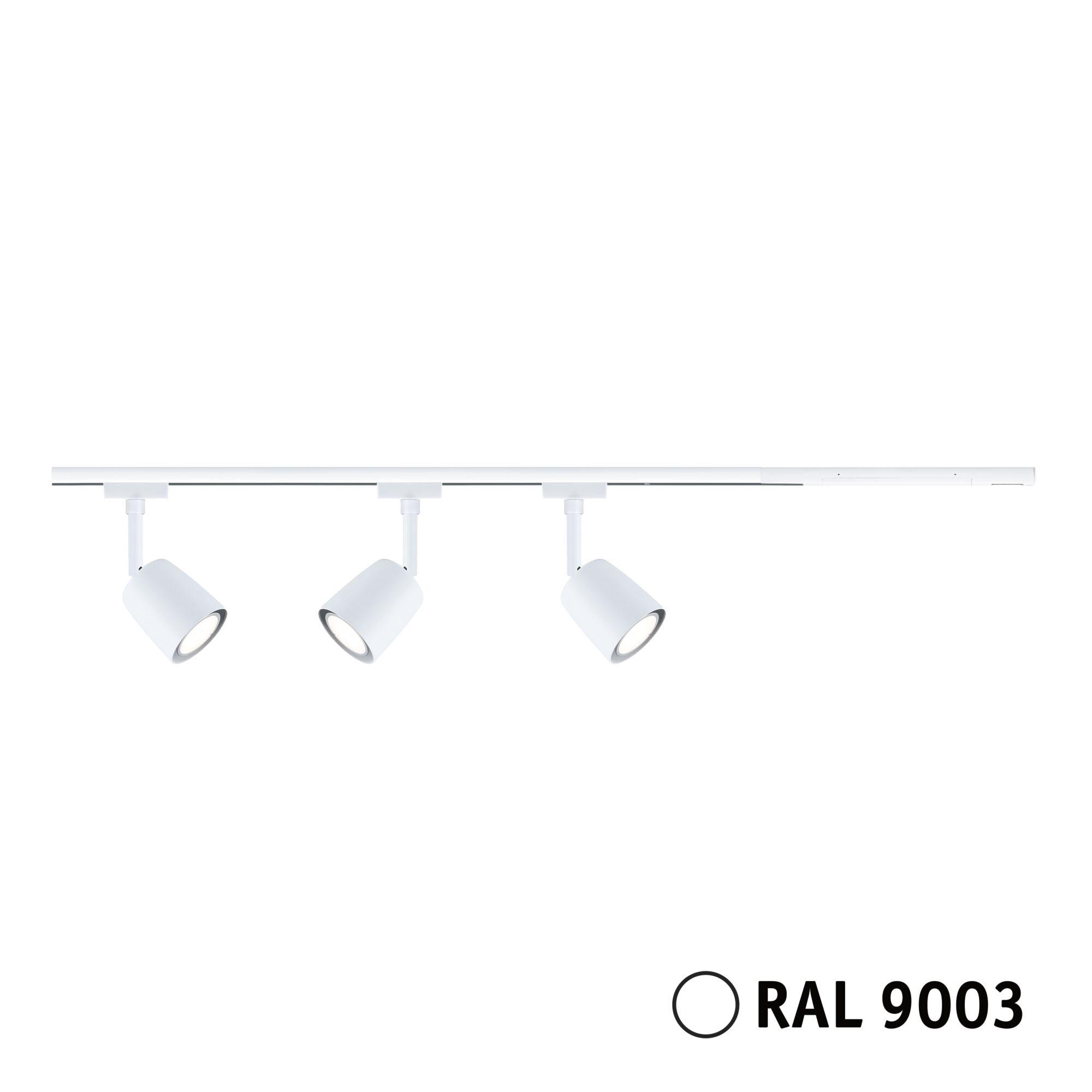 White metal LED track light with three adjustable spotlights for modern interior lighting
